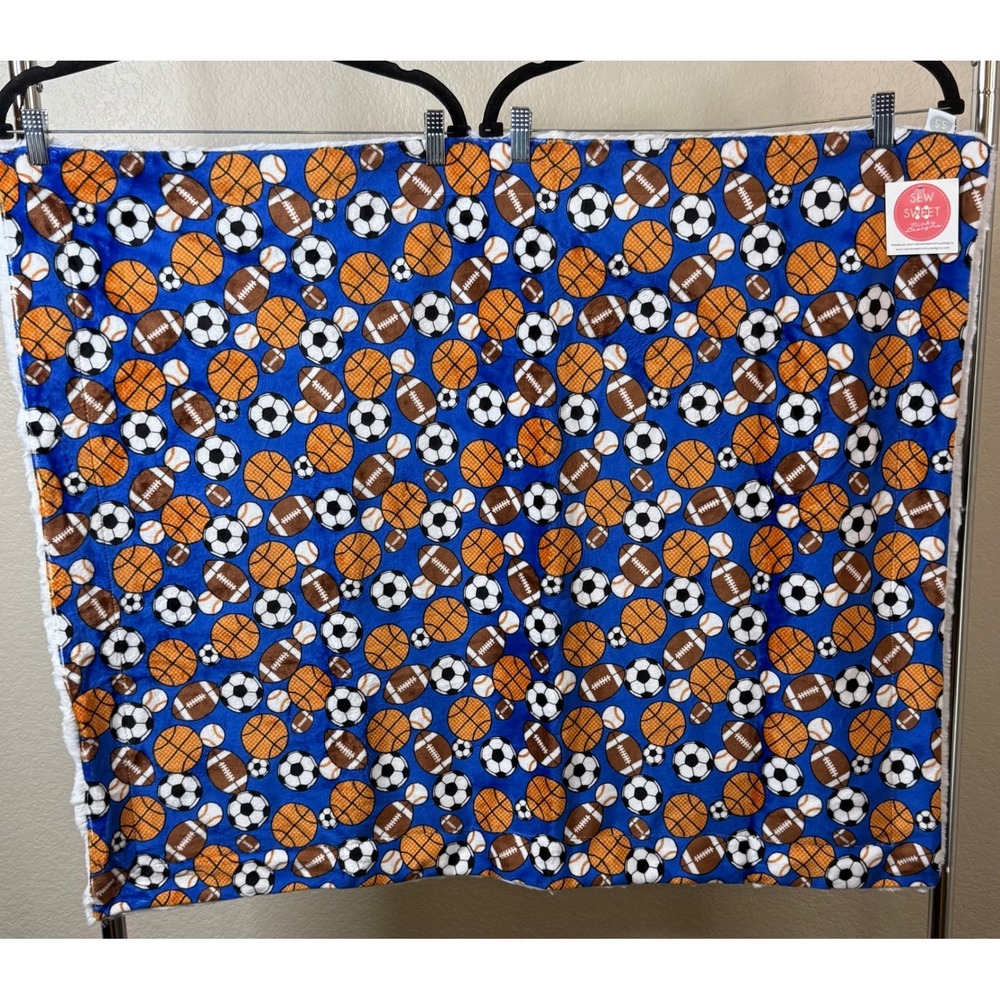 Sew Sweet Minky Designs Kids 34x28 Blanket Blue Sports Basketball Football NEW